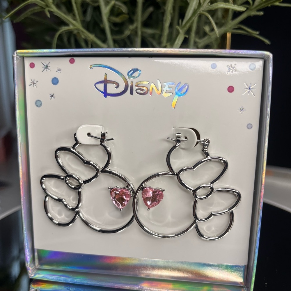 Disney Mickey Mouse Silver Outline Earrings Pink Heart Crystal NWT - Picture 3 of 4
